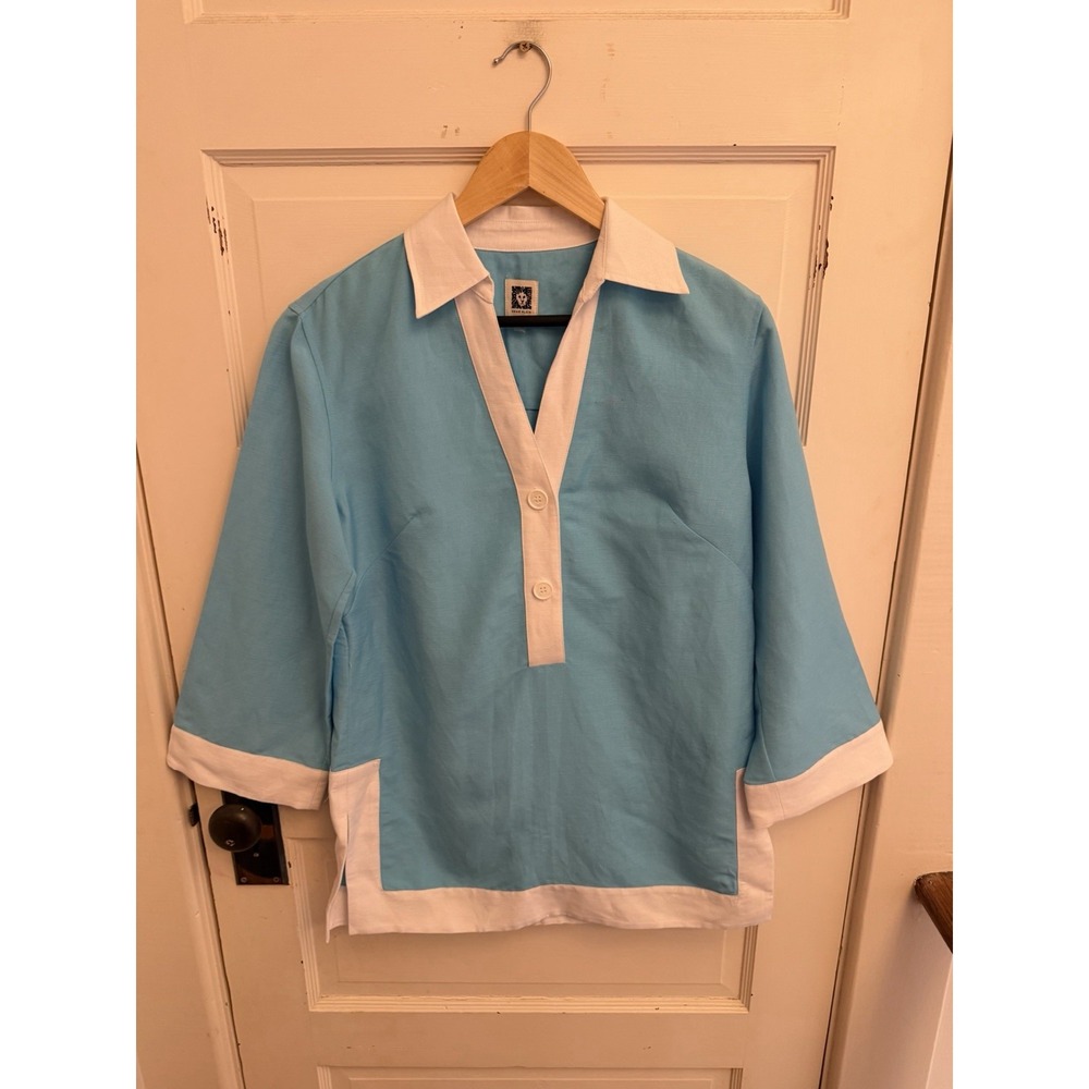 Anne Klein Tunic Top Blouse Size Small Siren Blue/White Linen Blend Turquoise